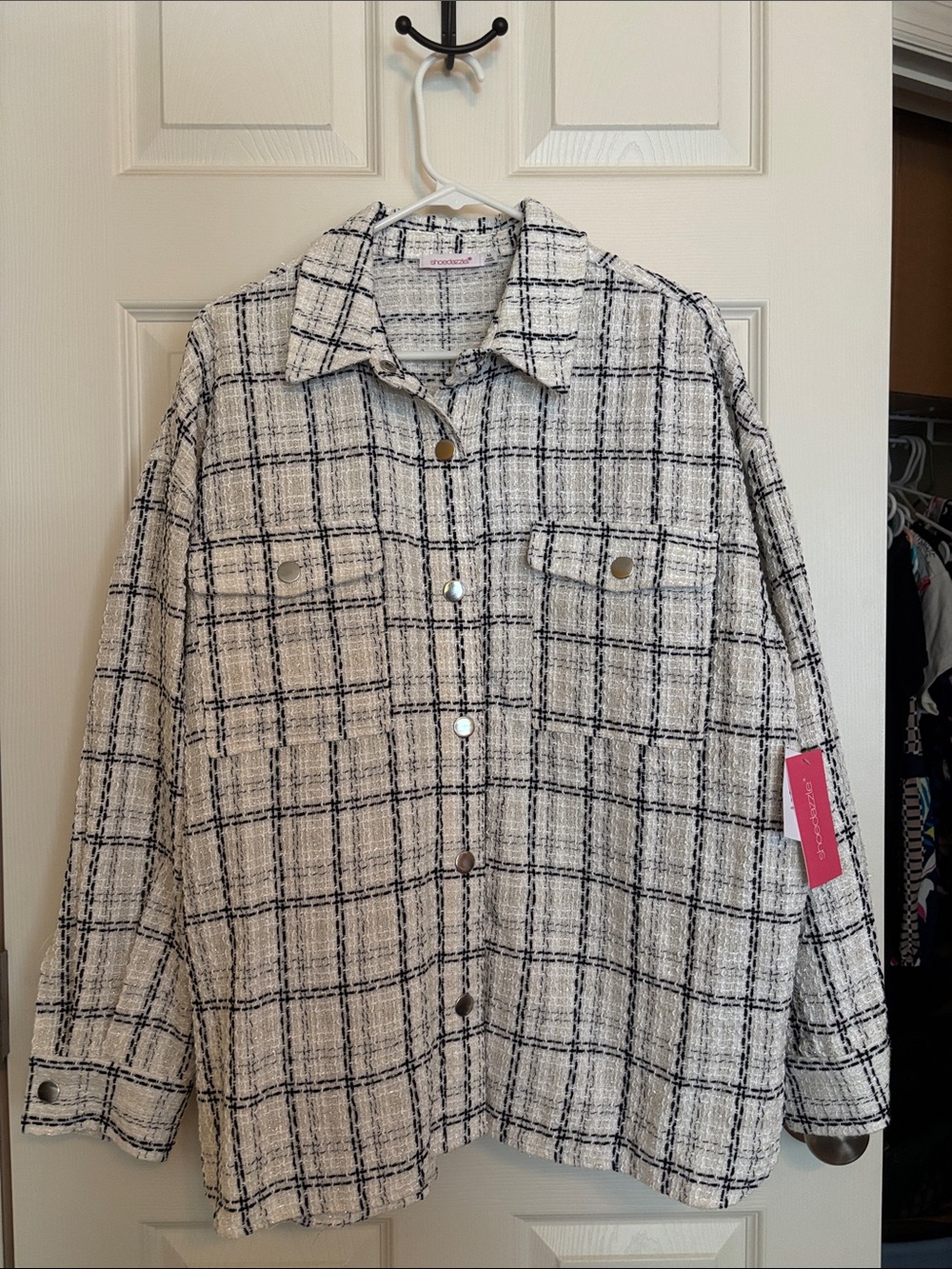 Shoe Dazzle Black & White Plaid Tweed Jacket